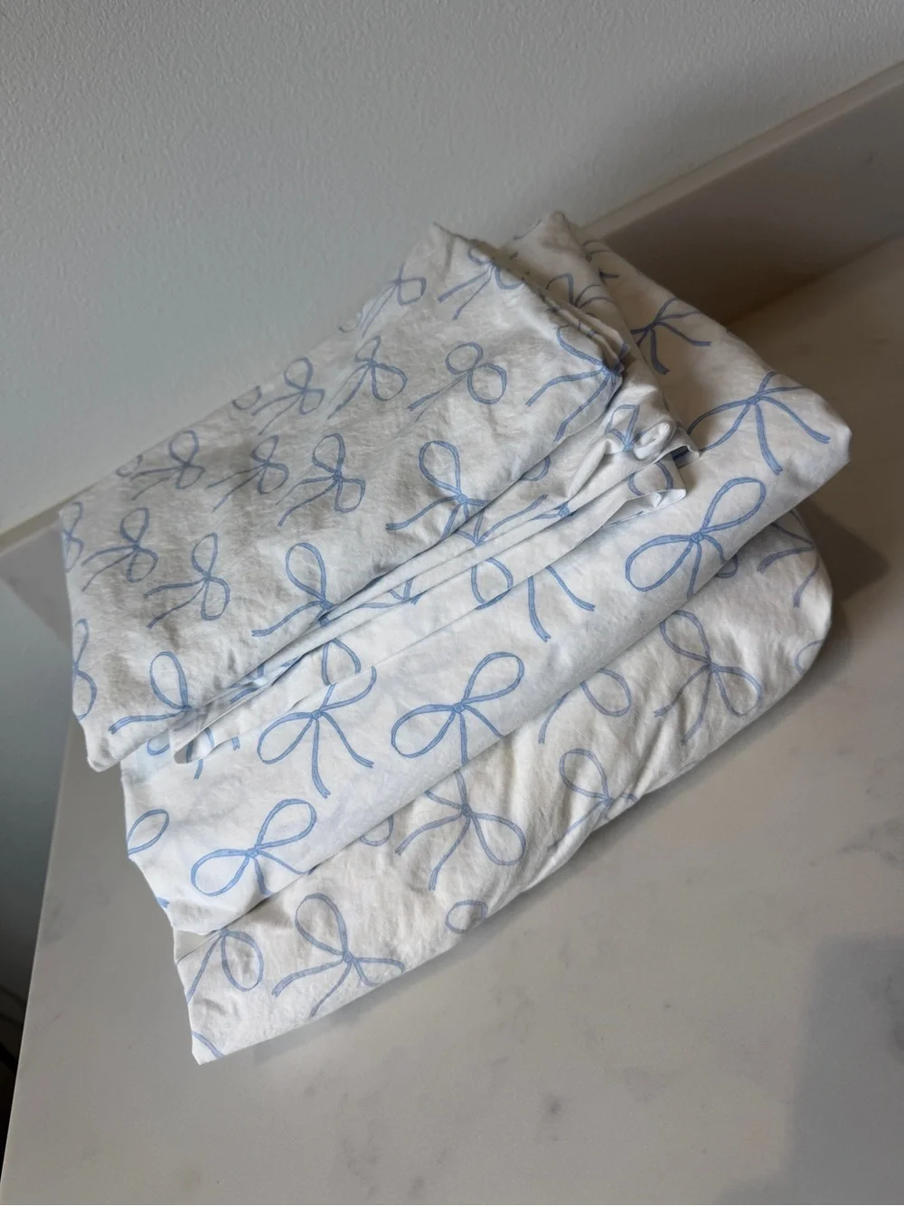 PB Teen, Queen Size Cotton Bow-Print Sheet Set, Blue SEE Photos